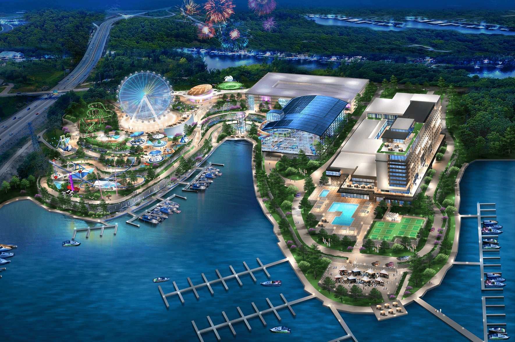Rendering of a large waterfront family resort development in Osage Beach, Missouri, featuring a hotel complex, indoor waterpark, marina, ferris wheel, landscaped walkways, and nighttime fireworks. Project financed through a $220MM loan closed by X-Caliber Rural Capital affiliate and American Lending Center.